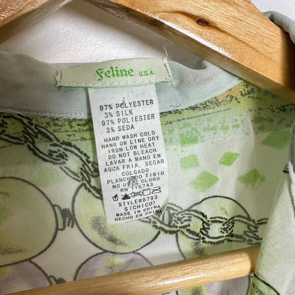 Vintage 90's Y2K Feline silk blend sheer button top green button up collar Small - Picture 5 of 13